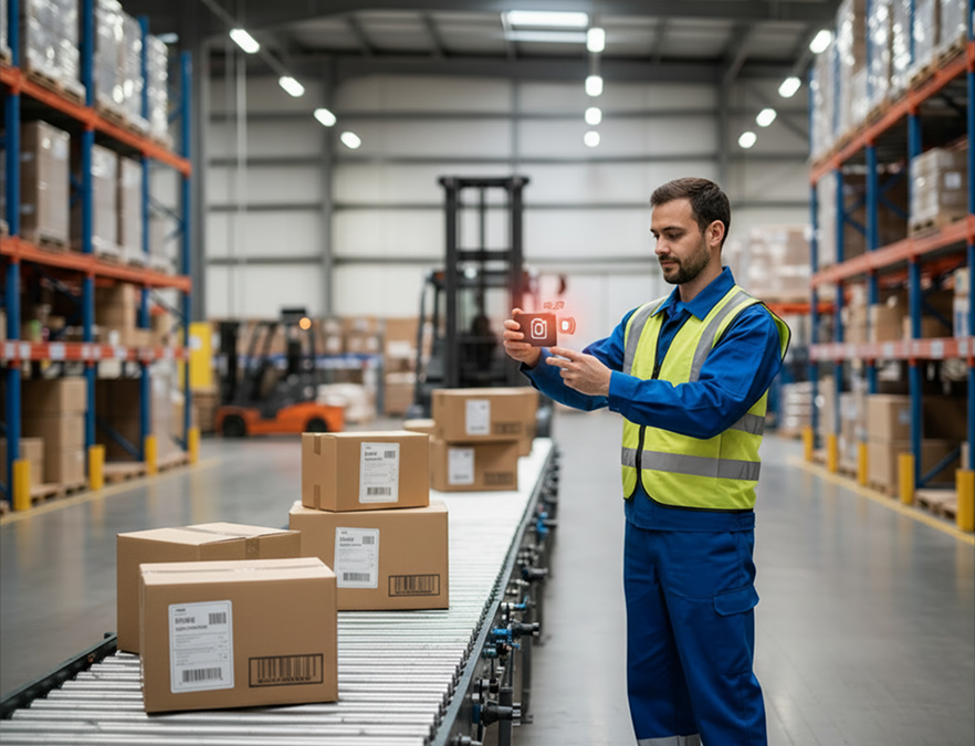 A warehouse employee photographing parcels